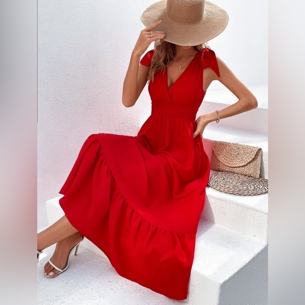 Tie Shoulder Ruffle Hem Maxi Dress - Size L
